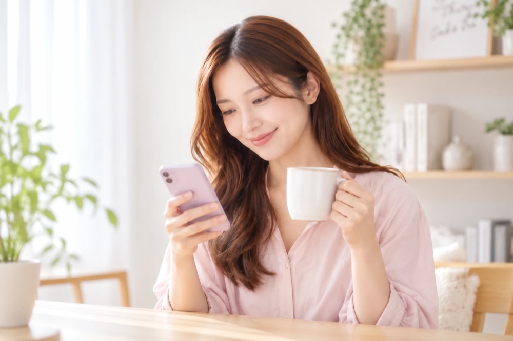 スマホを見ながらくつろぐ女性