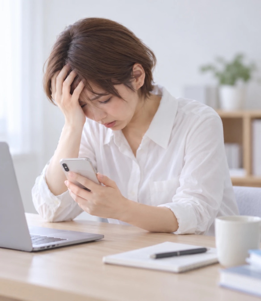 スマホを見ながら頭を抱える女性