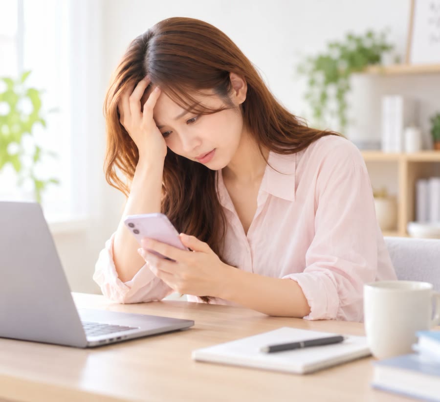 スマホを見ながら頭を抱える女性