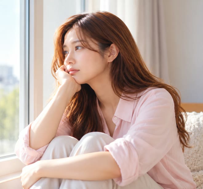 窓の外を見ながら考えこむ女性